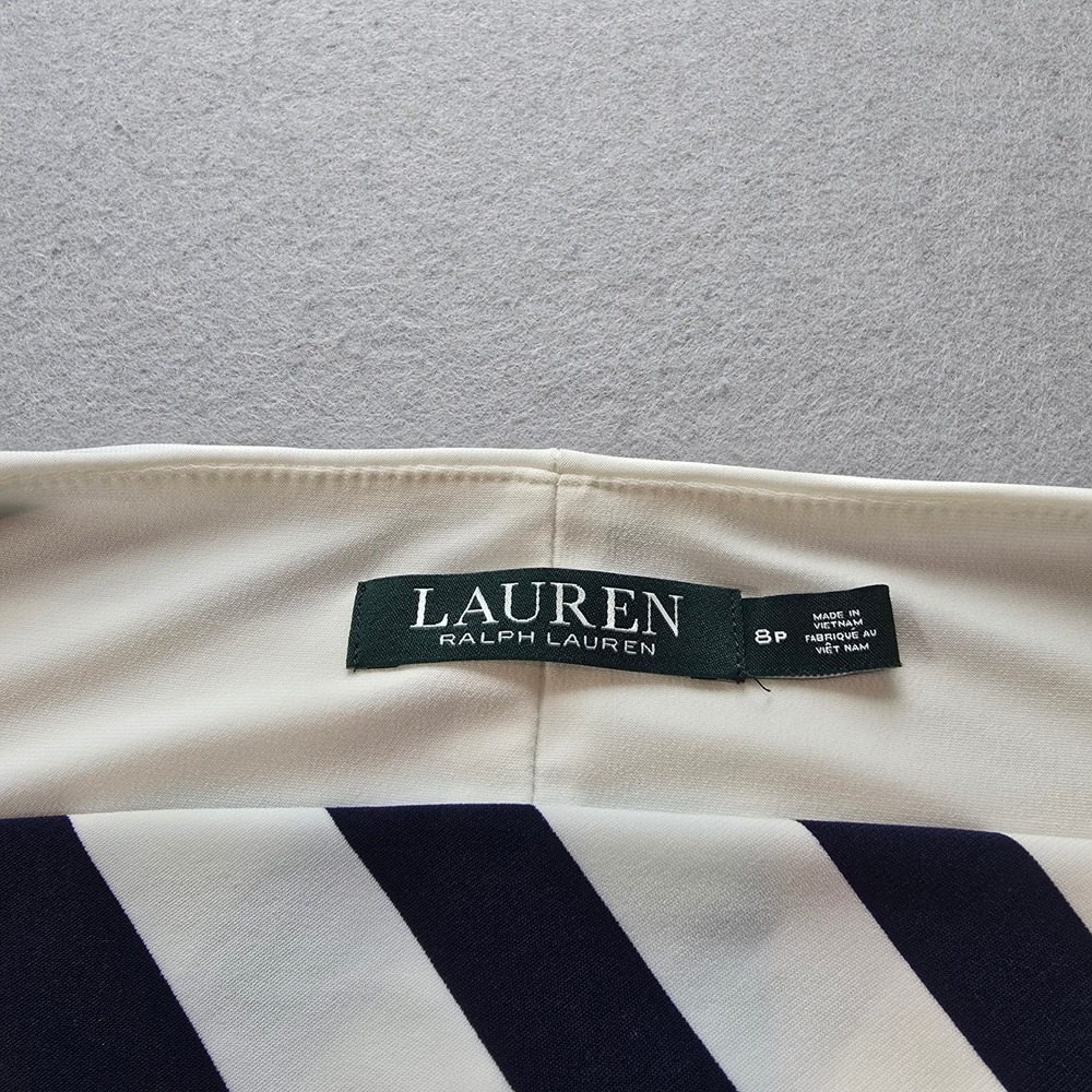 Lauren Ralph Lauren Navy White Striped Faux Wrap Sheath Dress 8P Tie Waist - Picture 6 of 7